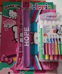cadeauset Hello Kitty 1 snapband Hope 12 penseelpennen 1 cheerleader pennenzak roze 1kleurboek 1 leer lees kleur spelletjesboek